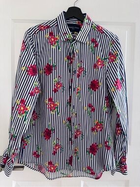 Paisley & Gray Navy and White Stripe Shirt with Pink Floral Print